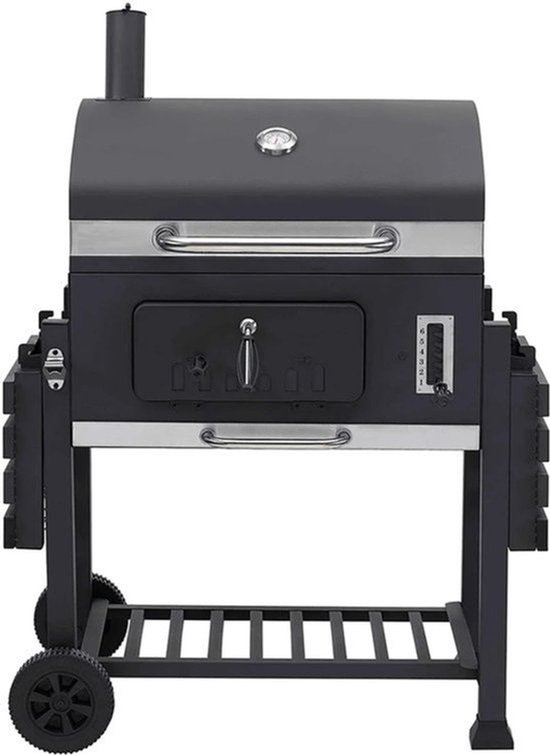 Houtskoolgrill - BBQ-rokergrill - met Grillroosters - Thermometer - Planken - Haken - Verstelbare Houtskoollade - Wielen - Groot Grilloppervlak - voor Buiten - Tuin - Achtertuingrillen - 152 x 60 x 136 cm - Zwart