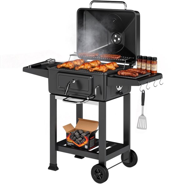 Houtskoolgrill BBQ Rookoven met Deksel Thermometer Hoogteverstelbaar Kolenbak Grillrooster Zijtafel Aslade van Merkloos