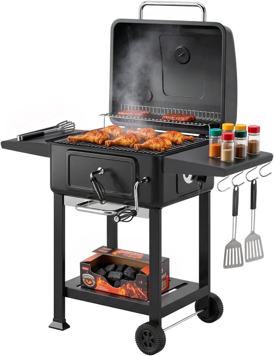 Houtskoolgrill BBQ Rookoven met Deksel Thermometer Hoogteverstelbaar Kolenbak Schoorsteen Grillrooster Zijtafel Aslade van Merkloos