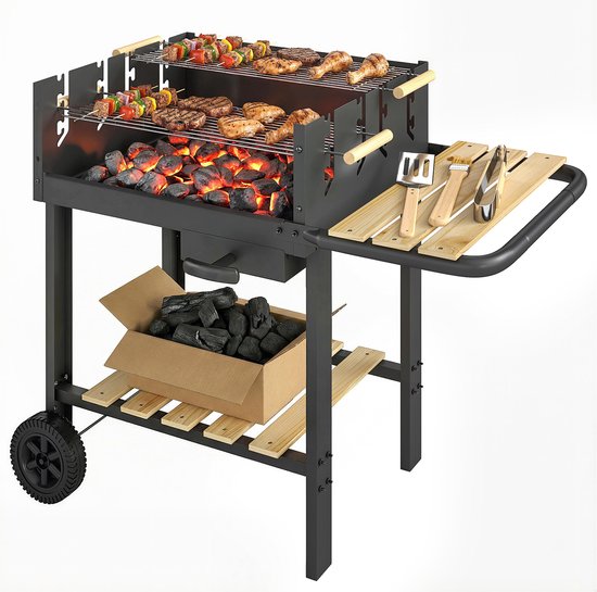Houtskoolgrill Grillwagen met 4-voudig in hoogte verstelbaar rooster 2 houten planken 2 wielen aslade 99,5 x 58 x 82 cm van Merkloos