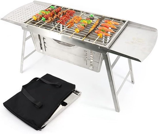Houtskoolgrill - Grote Buitengrill - Houtskoolbarbecue - Tafelbarbecues - Opvouwbare - Draagbare - met Draagtas - Geen noodzaak om te installeren - RVS - 30.5x85x40cm - Zilver van Merkloos