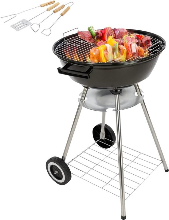 Houtskoolgrill met Accessoires 50cm x 49cm x 73cm Zwart/Zilver - Inclusief Grillrooster Barbecue van Merkloos