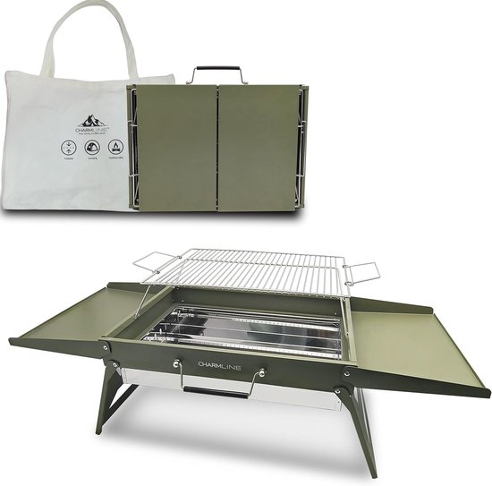 Houtskoolgrill Opvouwbaar 47 x 34 cm - Draagbare BBQ Grill voor Camping, Picknick, Tuin en Strand - Groen