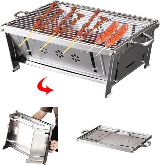 Houtskoolgrill, picknickgrill, roestvrij staal, draagbare opvouwbare grillwagen, BBQ, klapgrill, camping, grill, voor tuinfeesten buiten, tafelgrills, houtskool, draagbaar van Sorara