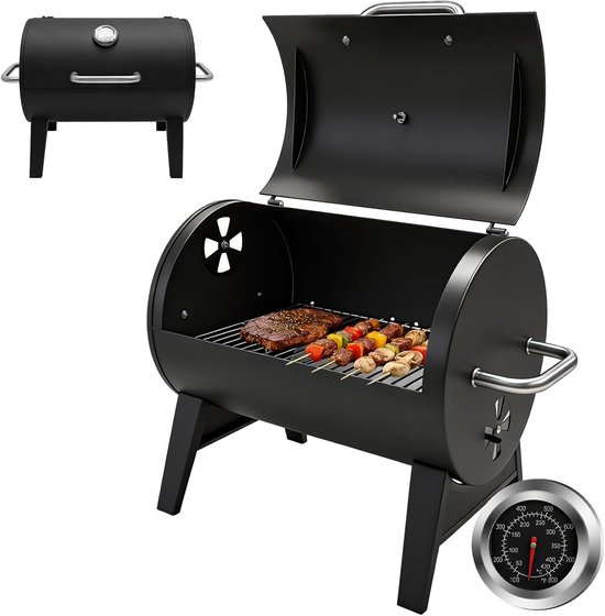 Houtskoolgrill Vatmodel met Thermometer - Barrel BBQ met RVS Grillrooster 43 x 32 cm - Compacte Campinggrill met Ventilatiegaten voor Roken en Grillen - Voor Balkon, Terras en Tuin