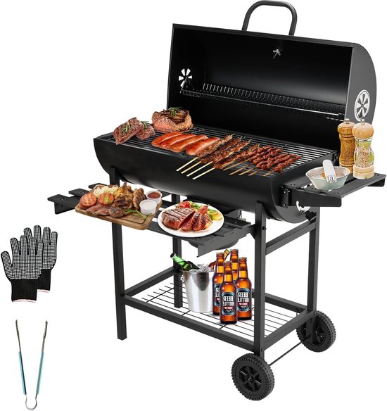 Houtskoolgrill XXL met Thermometer - Grote Barbecue met Verstelbaar Grillrooster, Aslade en Brandwerende Handschoen - BBQ Grill voor Tuin, Terras, Camping en Buiten Koken