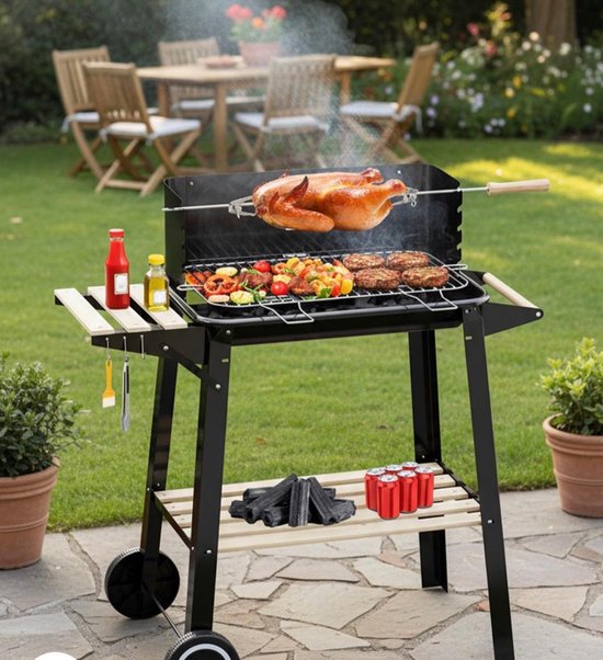 Houtskoolgrillwagen met draaispit, roestvrijstalen rooster en 5 hoogte-instellingen. Mobiele barbecue met 2 houten planken en wielen.