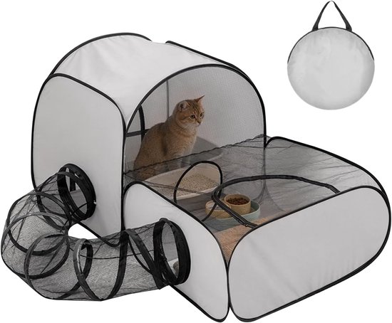 huisdierenhok, kattenhok, balkon, ren voor kleine dieren met inklapbare tunnel voor katten, honden en kleine dieren, katten en honden, buitenhok voor binnen, camping en reizen (grijs)