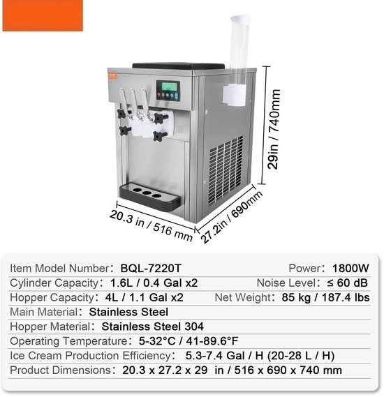 Ijsmachine – IJsmaker – IJsbereider – IJsapparaat – 2x1,6L Cilinder – 1800W Vermogen – RVS 304 Materiaal van Nuvantee