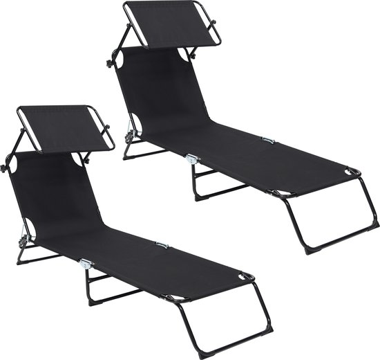 Infinity Goods Ligbed Met Zonnescherm - Opvouwbaar - Set van 2 - Zonnebed - Ligstoel - Verstelbaar - Tuin - Weerbestendig - Zwart van Infinity Goods