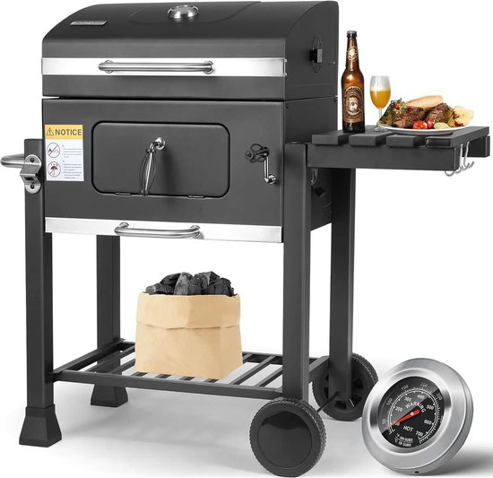 ITRONIQ Houtskool Barbecue Met Deksel en Thermometer – Verrijdbare BBQ Met Verstelbaar Kolenrooster – Zijtafel – Aslade – Zwart