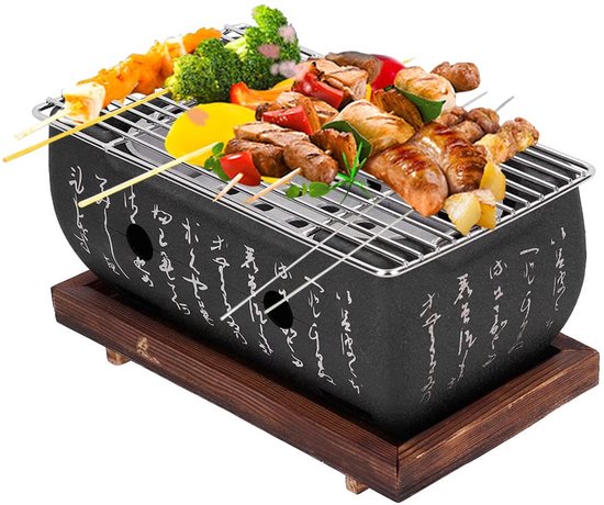 Japanse stijl barbecue grill mini huishoudelijke barbecue houtskoolfornuis met gaasrooster en houten basis Hibachi voor Yakiniku Takoyaki kamperen van Merkloos