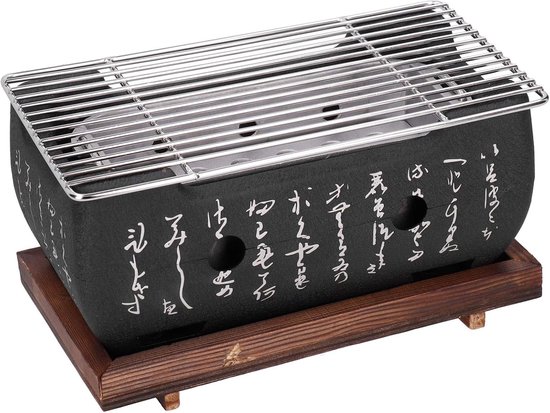 Japanse Tafelgrill - Mini Houtskool Tafelgrill - BBQ Grill met Grillplaat - Draadgaas en Houten Basis voor Yakiniku Robata Yakitori Takoyaki en BBQ