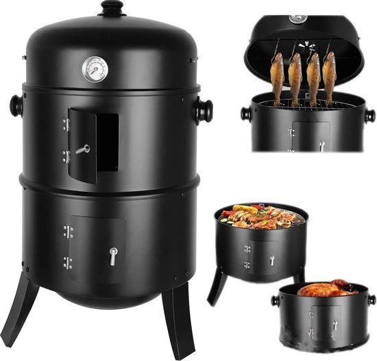 Jermore® - 3-in-1 Houtskoolgrill - Barbecue - Roker - Vat - Met Thermometer - Voor Grillen, Roken en Koken - Grote BBQ Smoker Grill van Merkloos