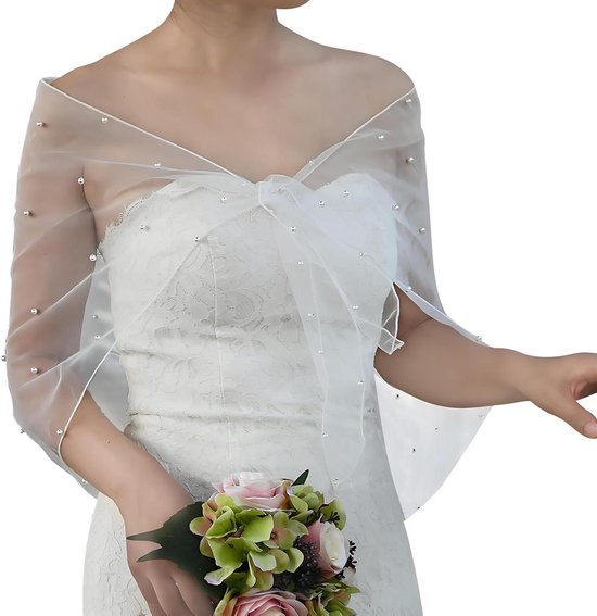 JHubers Goods - Bruidssjaal met kunstparels en zachte tule voor dames - Wit van JHubers Goods