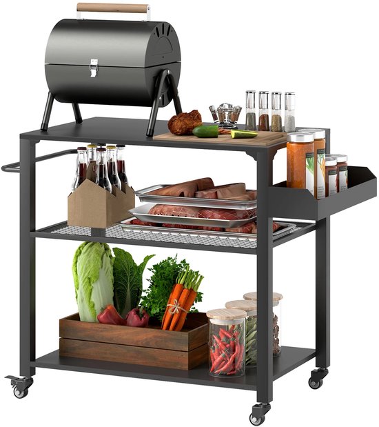 Joorly Buitenkeuken - BBQ Standaard - BBQ Wagen - Grillwagen - Tafel op wielen - Metaal - Multifunctioneel - 105x50x79cm - Zwart