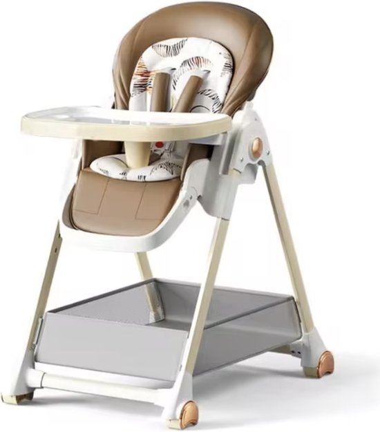 J&R Kinderstoel - Babystoel - Baby stoel - Baby eetstoel - babystoel voor aan tafel - Met wieltjes - Kantelbaar - Opvouwbaar - PU Leer - Bruin van J&R