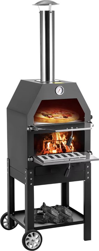 J&R Pizzaoven - Houtoven - Buiten - Buitenkeuken - Buitenoven - Hout gestookt - Met wielen - Zwart -140x40x35 van J&R
