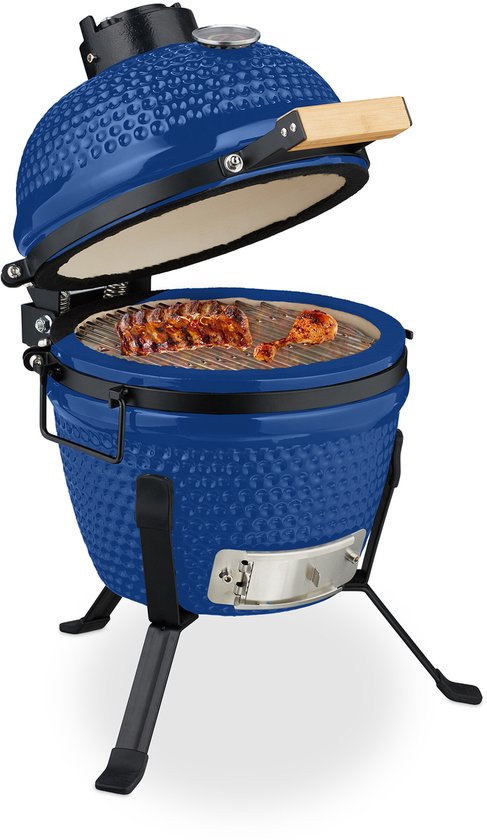 Kamado barbecue - Ø 26 cm - keramisch - met thermometer - deksel - blauw van Mandarin Grill