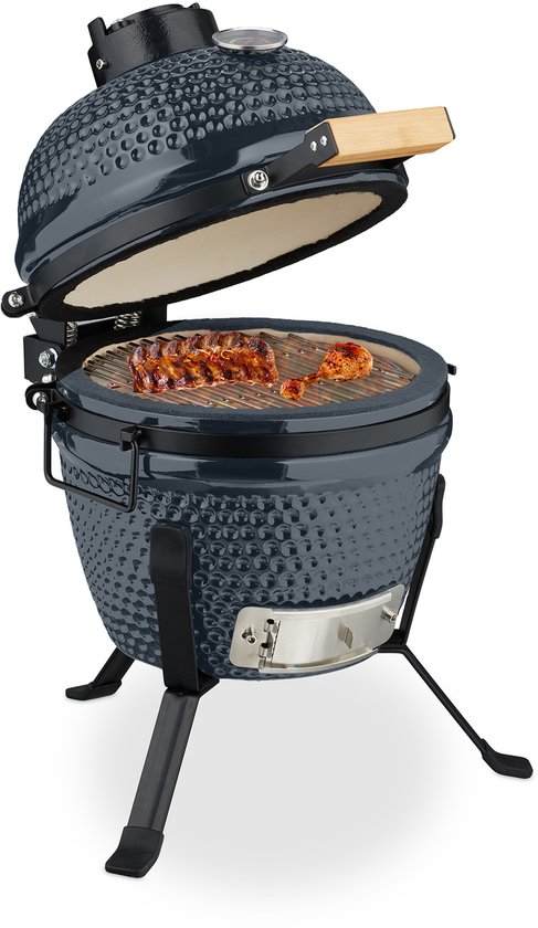 Kamado barbecue - Ø 26 cm - keramisch - met thermometer - deksel - grijs van Merkloos