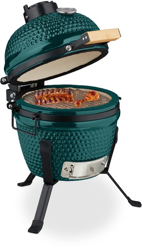 Kamado barbecue - Ø 26 cm - keramisch - met thermometer - deksel - groen van Merkloos