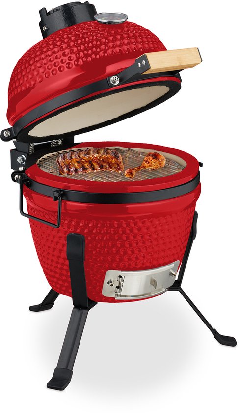 Kamado barbecue - Ø 26 cm - keramisch - met thermometer - deksel - rood van Merkloos