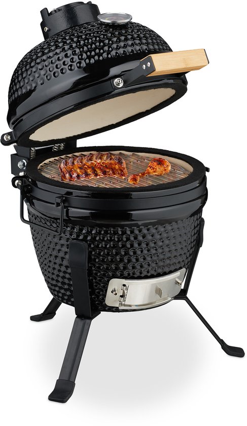 Kamado barbecue - Ø 26 cm - keramisch - met thermometer - deksel - zwart van Yakiniku