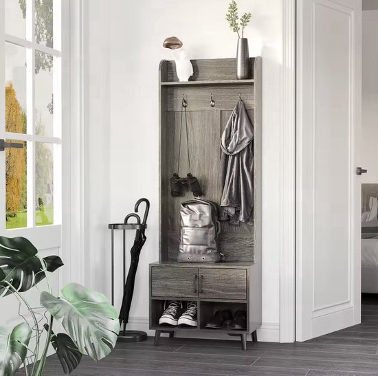 Kapstok - Garderobe rek - Kledingrek - 3 haken - Schoenen opslag - Plank - 2 deurtjes - Hout - Grijs - 60x34x170cm van Merkloos