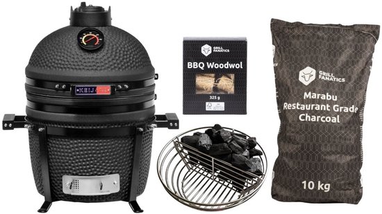 Keij Kamado BBQ Startersset - Legend Compact Black 15 inch - met Houtskool, Aanmaakwokkels & Kolenmand