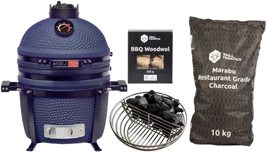 Keij Kamado BBQ Startersset - Legend Compact Blue 15 inch - met Houtskool, Aanmaakwokkels & Kolenmand