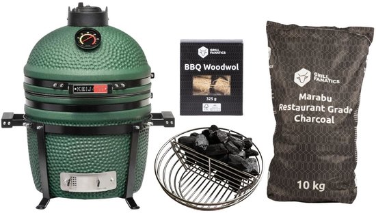 Keij Kamado BBQ Startersset - Legend Compact Green 15 inch - met Houtskool, Aanmaakwokkels & Kolenmand