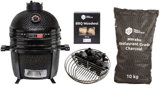 Keij Kamado BBQ Startersset - Pro Compact Black 15 inch - met Houtskool, Aanmaakwokkels & Kolenmand