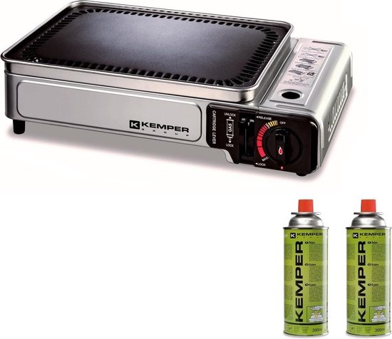 Kemper Smart grill Plancha - draagbare gas barbecue Tafelbarbecue Campingkooktoestel - incl. 2 gasflessen - Noodpakket item van Merkloos