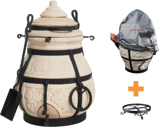 Keramische tandoor Nomade - Multifunctionele Houtoven BBQ - Voor de Fijnproever! *** Met klapdeksel, beschermhoes EN onderstel van Merkloos