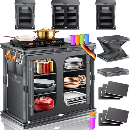 KESSER® Campingkeuken opvouwbaar - Aluminium frame met 6 vakken en vliegengaas - 84x80 cm - Zwart van KESSER