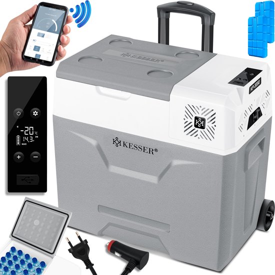KESSER® Compressor Koelbox Elektrische Vriezer, met APP-bediening USB-aansluiting 12/24 V 230V, +Telescopische stangwielen Collbox tot -20 °C voor auto, vrachtwagen, boot, camper, camping - 50 Liter, Grijs van KESSER