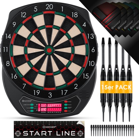 KESSER® Dartboard - Electronic Dartboard Profi Set - E Dartbord met 15 darts + 35 Pro Flights 100 pijlpunten + accessoires darts voor 1 tot 8 spelers Innovatieve elektronische dartmachine met 65 varianten - Klassiek met LCD van KESSER