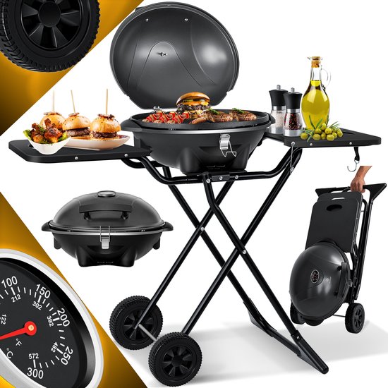 KESSER® Elektrische Barbecue 2in1 Tafelgrill 2400W - Staande Grill BBQ met deksel, Thermometer en Grillplaat - Tafelbarbecue Antiaanbaklaag met Opbergtafel en 2 wielen - Zwart van KESSER