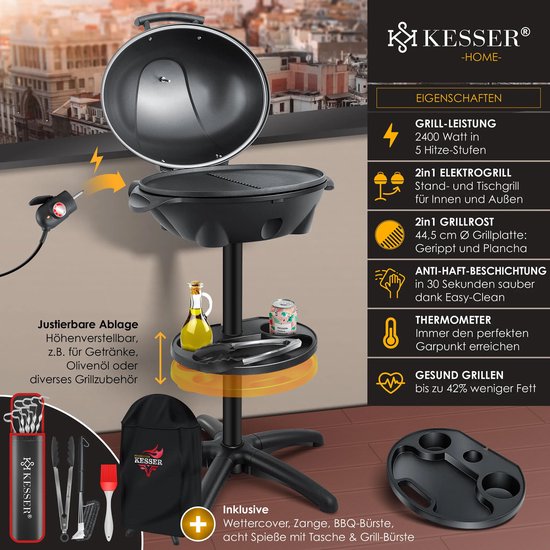 KESSER® elektrische grill 2in1 tafelgrill - staande grill met deksel en standaard - maximaal 2400 watt thermometer - Anti van KESSER