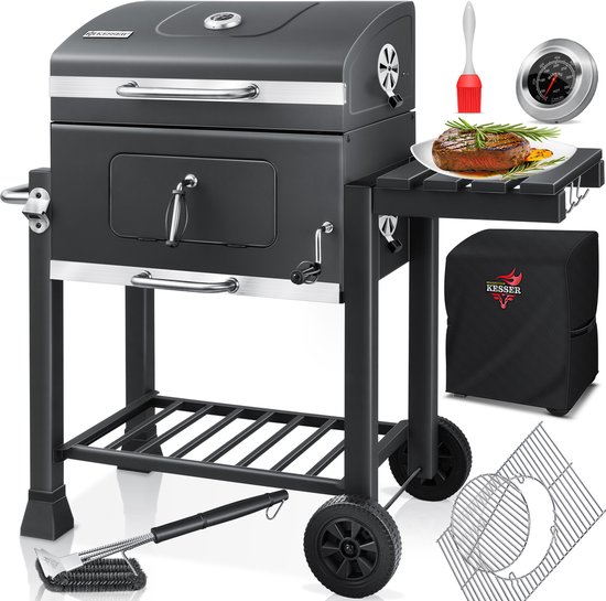 KESSER® Houtskoolbarbecue XL Barbeque Houtskool met Deksel, Wielen, Afdekkap, Roestvrij Stalen Handvat, Barbecuerooster en Thermometer, 8 Spiesen met Zakje & siliconen Borstel, grote BBQ Camping Terras Tuin van Merkloos