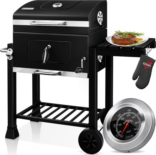 KESSER® Houtskoolbarbecue XL Barbeque Houtskool met Deksel, Wielen, Roestvrij Stalen Handvat, Barbecuerooster en Thermometer, 8 Spiesen met Zakje & siliconen Borstel, grote BBQ Camping Terras Tuin van KESSER