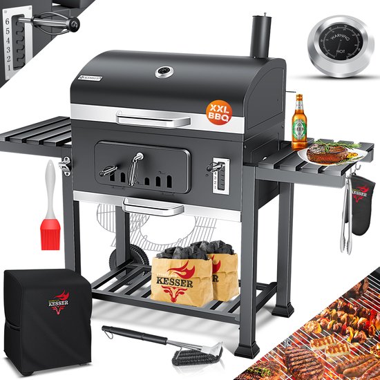 KESSER® Houtskoolbarbecue XXL Barbeque Houtskool met Deksel, Wielen, Afdekkap, Roestvrij Stalen Handvat, Barbecuerooster en Thermometer, 8 Spiesen met Zakje & siliconen Borstel, grote BBQ Camping Terras Tuin van KESSER