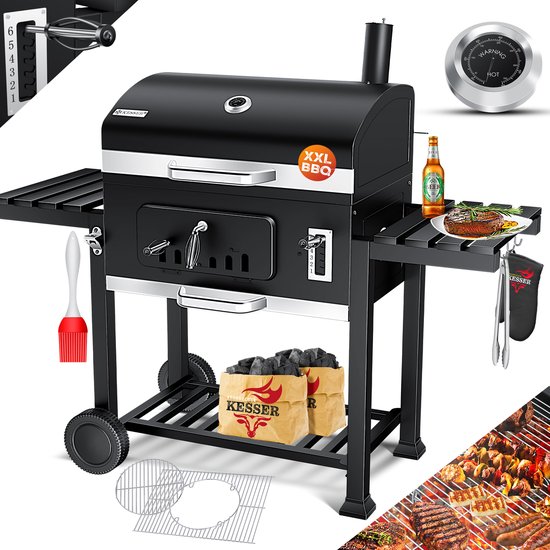 KESSER® Houtskoolbarbecue XXL Barbeque Houtskool met Deksel, Wielen, Roestvrij Stalen Handvat, Barbecuerooster en Thermometer, 8 Spiesen met Zakje & siliconen Borstel, grote BBQ Camping Terras Tuin van KESSER