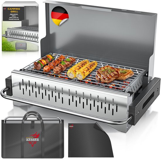 KESSER® Klapgrill - draagbare houtskoolgrill van gepoedercoat staal - met grillmat en draagtas - zilver van KESSER