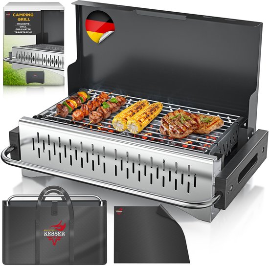 KESSER® Klapgrill - draagbare houtskoolgrill van gepoedercoat staal - met grillmat en draagtas - zwart van KESSER