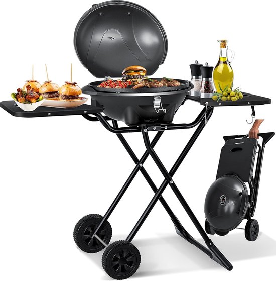 Kesser Tafelbarbecue, elektrisch, 2-in-1, met deksel en voet, max. 2400 watt, inklapbaar, thermometer, antiaanbaklaag, grillplaat en tafelblad, 2 wielen, zwart van KESSER