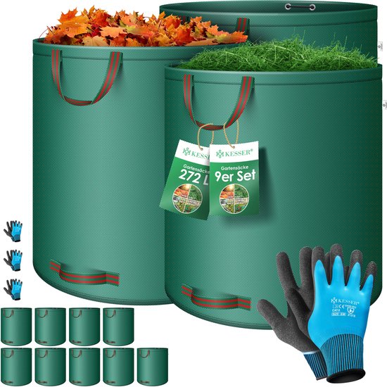 KESSER® Tuinafvalzak Tuinzak Set Bladzak incl. Handschoenen - Zelf Staand 4 Handvatten Stabiel Robuust & Opvouwbaar - Bladzakken Maaisel Tuinzakken voor Tuinafval Groenafval - 9x 272 Liter, Groen van KESSER
