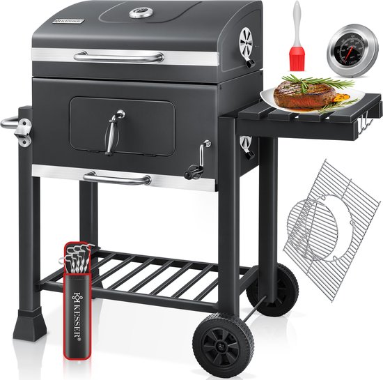 KESSER® Houtskoolbarbecue XL Barbeque Houtskool met Deksel, Wielen, Roestvrij Stalen Handvat, Barbecuerooster en Thermometer, 8 Spiesen met Zakje & siliconen Borstel, grote BBQ Camping Terras Tuin