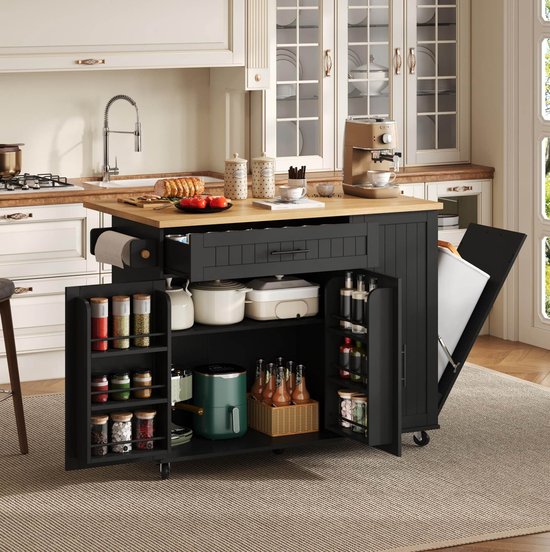 Keuken Eiland - Opvouwbaar Werkblad En Verrijdbare Opbergkast - Extra Werk En Opbergruimte Voor Keuken - MDF - Zwart - 130x70x93 Cm