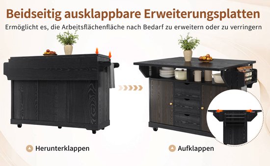 Keukeneiland Met Uitklapbare Bladen, 95 Cm Ergonomische Hoogte, 3 Lades En Vergrendelbare Wielen, Zwart, MDF En Metaal
